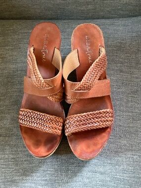 Diba True Woven Leather Cork Wedge Cognac Brown Slide Mules size 7.5